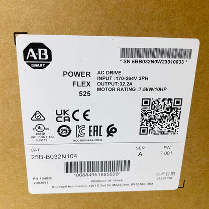 Allen-Bradley PowerFlex 525 AC drive label: 32A, 10HP, 25B-B032N104 model, specifications.