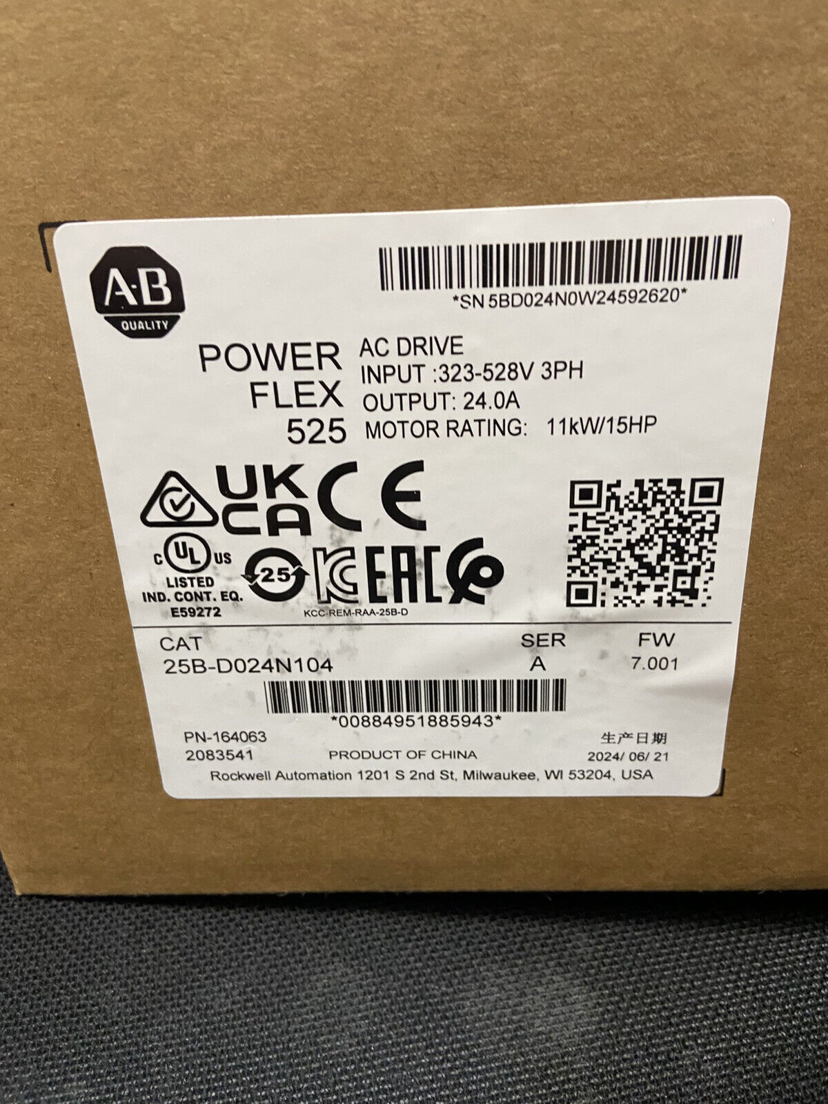 Allen-Bradley PowerFlex 525 AC Drive package, model 25B-D024N104, 15HP motor control, 3-phase input.