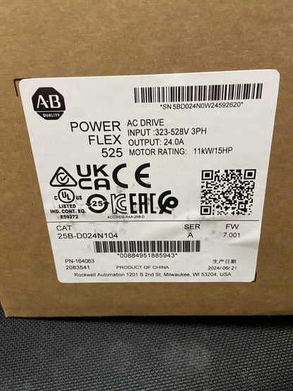 Allen-Bradley PowerFlex 525 AC Drive package, model 25B-D024N104, 15HP motor control, 3-phase input.