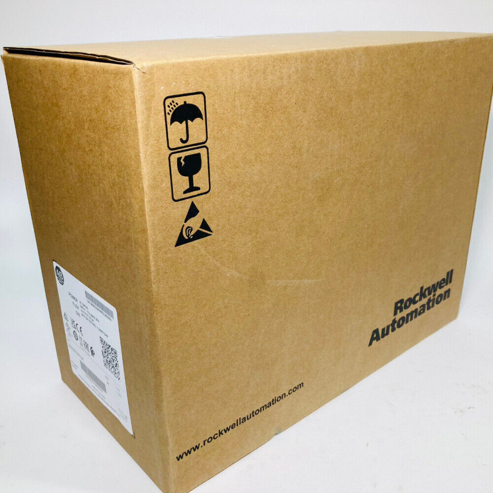 Allen-Bradley PowerFlex 525 AC drive shipping box with fragile and moisture protection symbols.