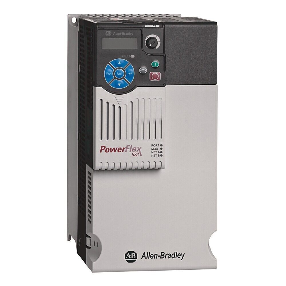 Allen-Bradley PowerFlex 523 AC Drive. 480V, 37A, 15HP drive with EtherNet/IP and Safe Torque-Off for motor control.