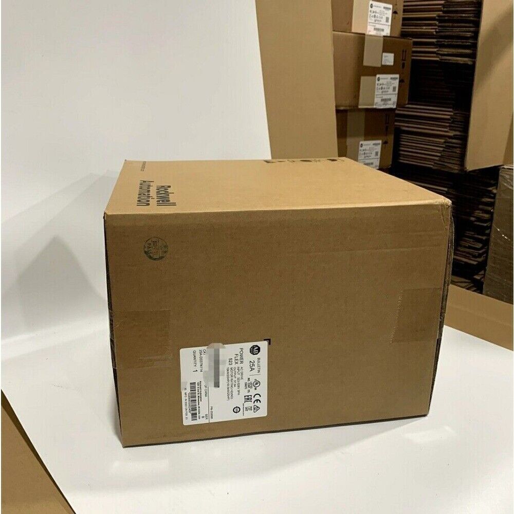 Allen-Bradley PowerFlex 523 AC Drive 25A-D037N114 in its box. Industrial automation part for motor control.