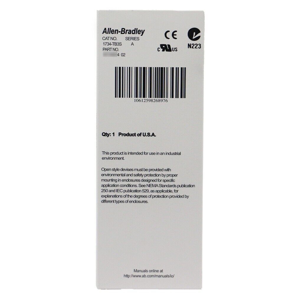Allen-Bradley 1734-TB3S POINT I/O Module packaging, product of U.S.A., industrial automation parts.