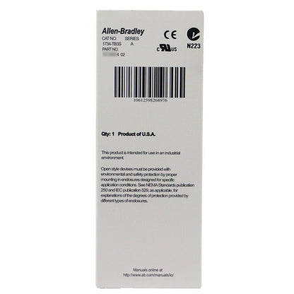 Allen-Bradley 1734-TB3S POINT I/O Module packaging, product of U.S.A., industrial automation parts.