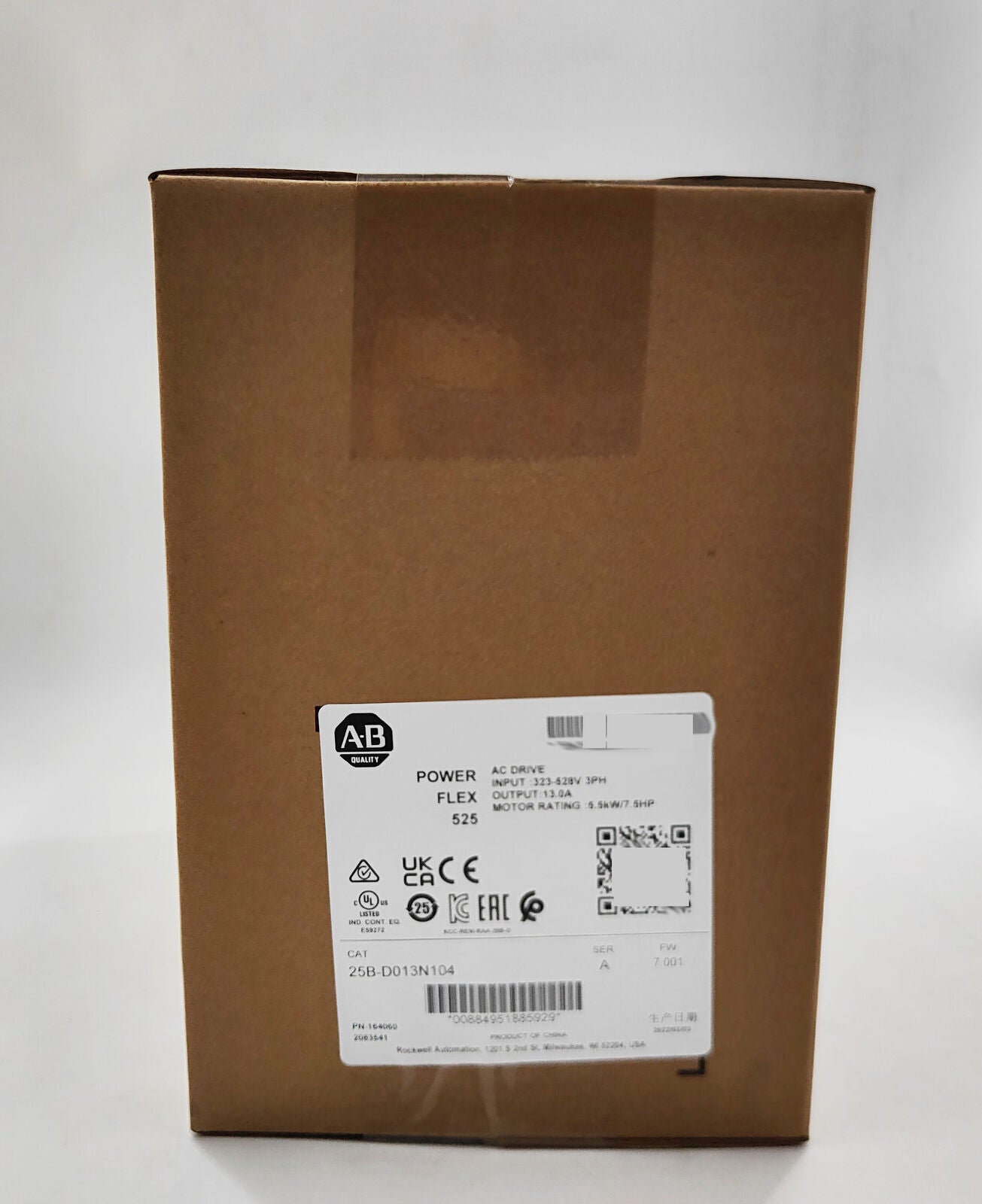 Allen-Bradley PowerFlex 525 AC Drive box, 25B-D013N104, industrial automation part, 5.5kW/7.5HP, with information label.