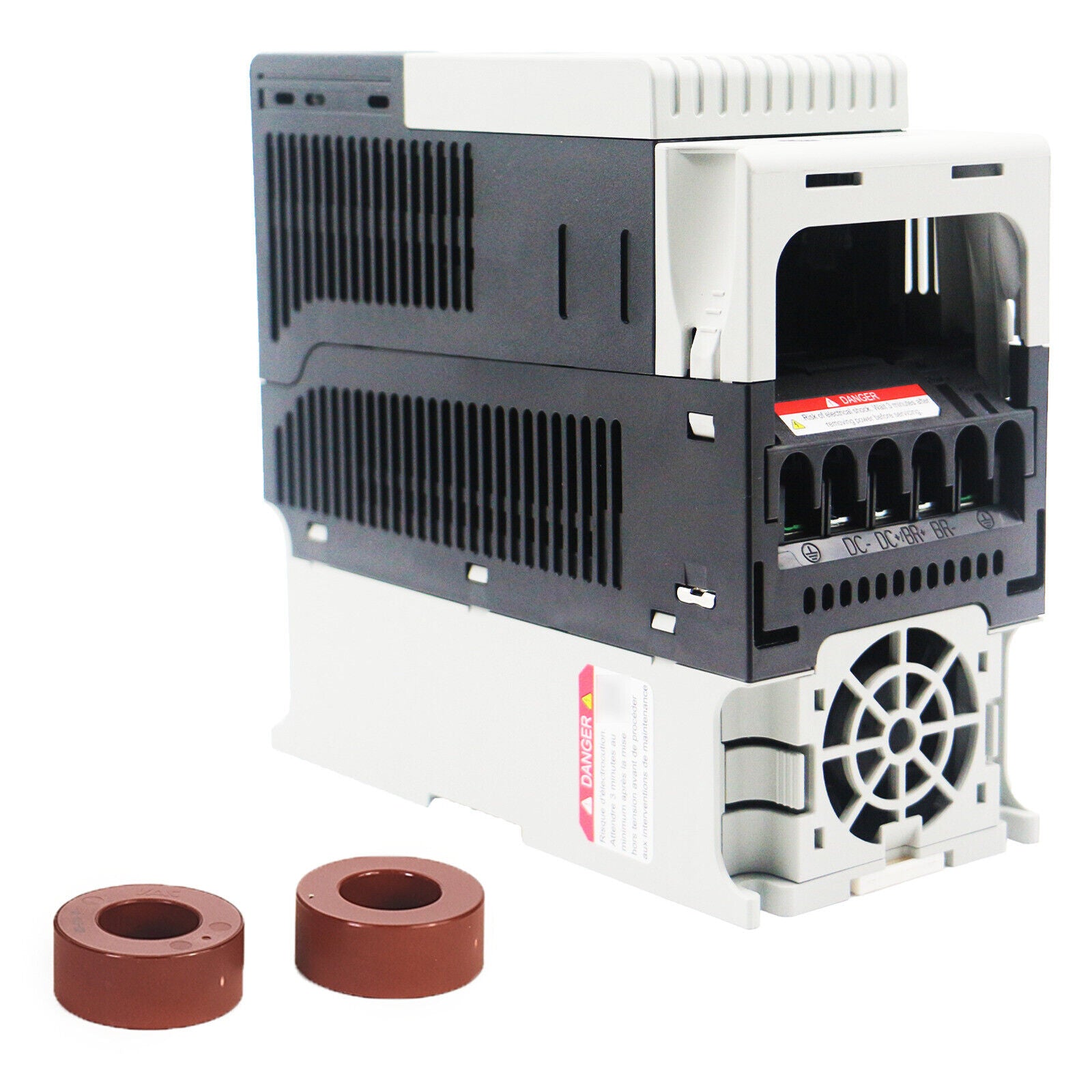 Allen-Bradley PowerFlex 525 AC Drive, black and gray with warning label, featuring DC-DC/BR terminals and brown components.