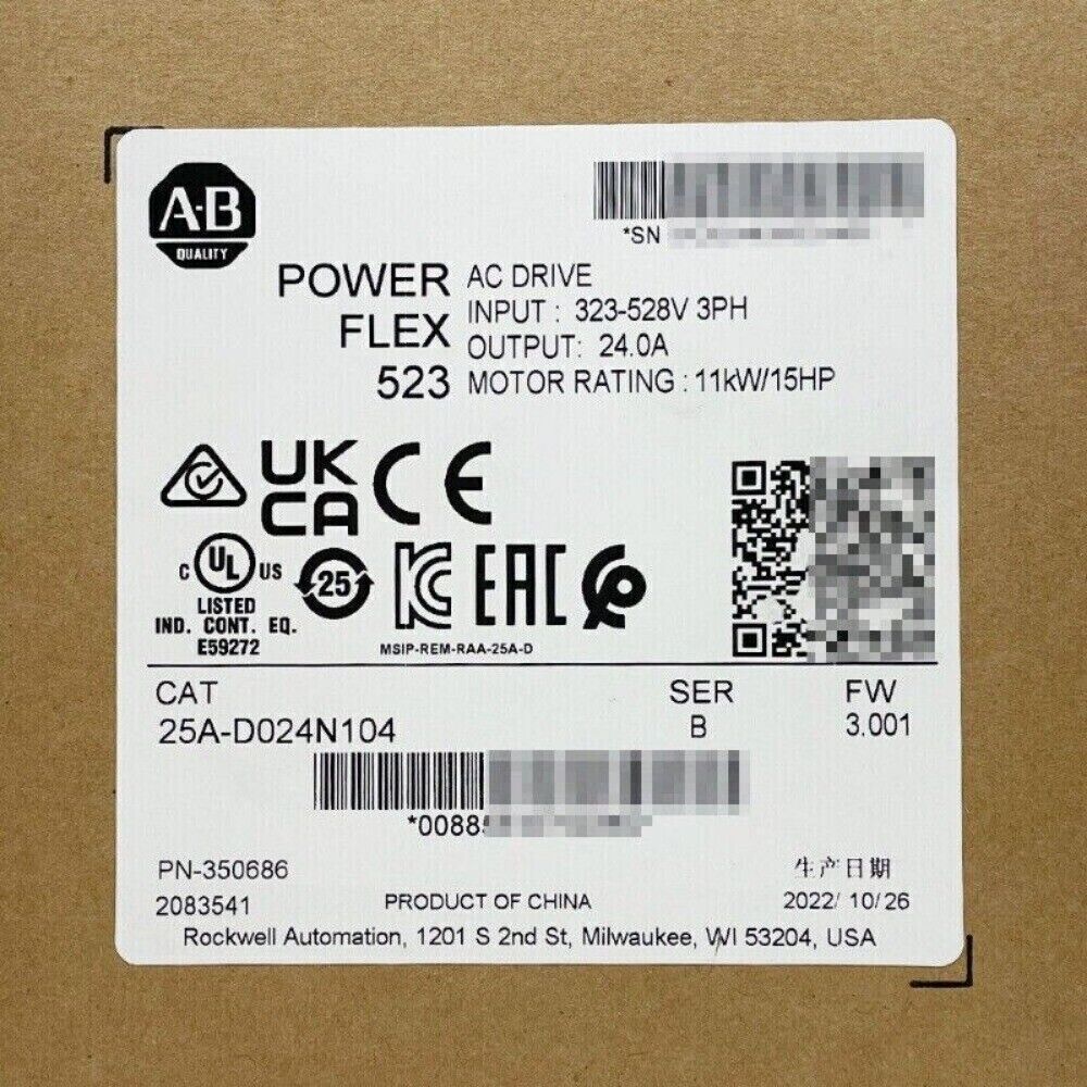 Allen-Bradley PowerFlex 523 AC Drive label, 25A-D024N104, 11kW/15HP, technical specifications.