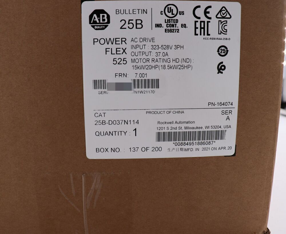 Allen-Bradley PowerFlex 525 AC Drive, 25B-D037N114, 37A, 480V, Factory Sealed New, Industrial automation parts.