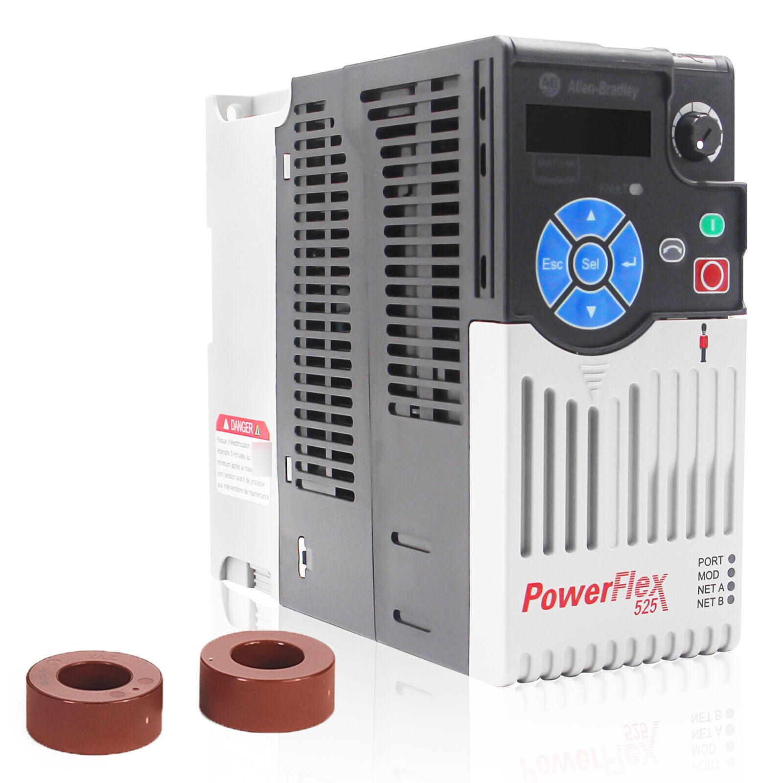 Allen-Bradley PowerFlex 525 AC Drive. Black and gray unit with control panel, red PowerFlex 525 logo and brown accessories.