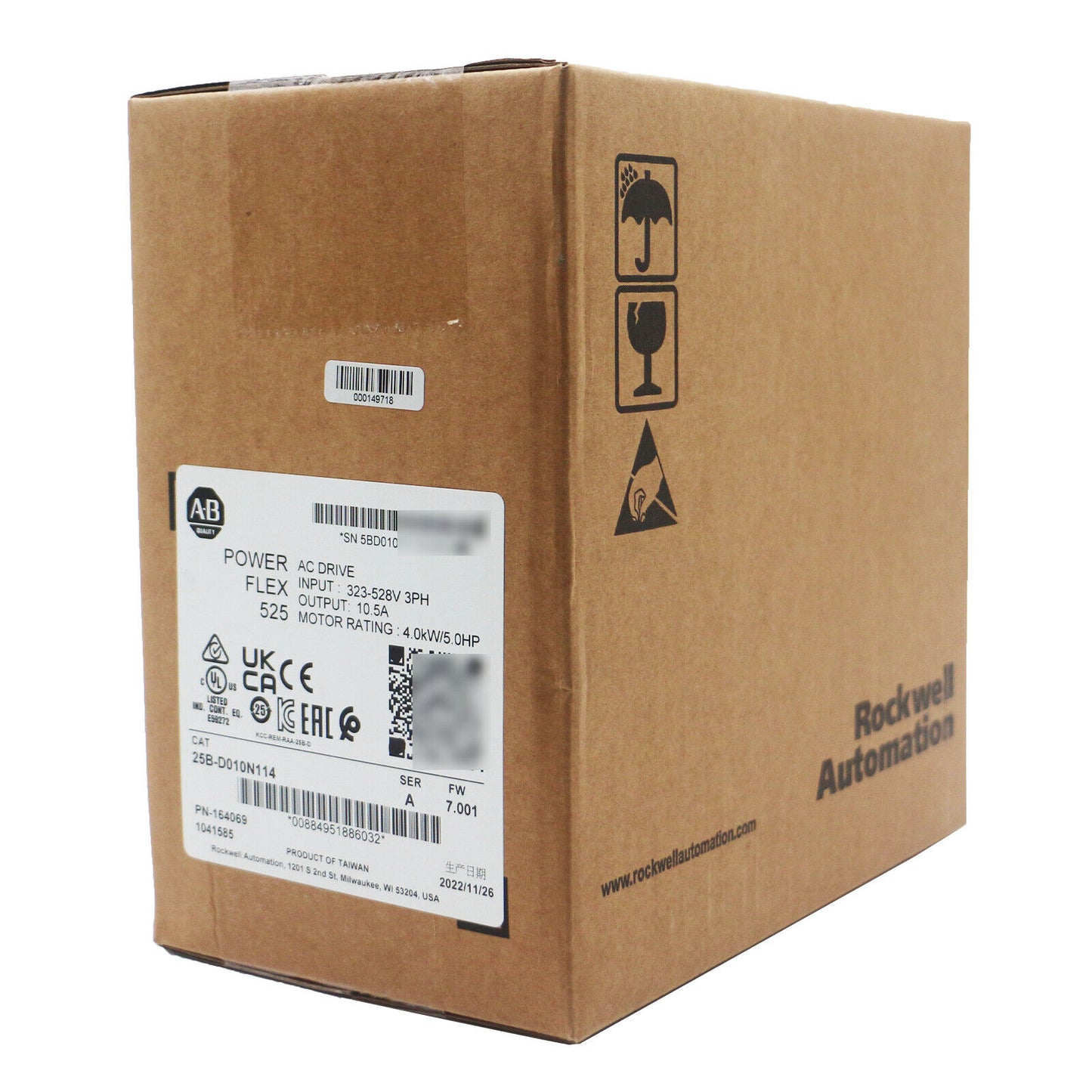 Allen-Bradley PowerFlex 525 AC Drive packaged, cardboard box, model 25B-D010N114, with product specs and safety labels