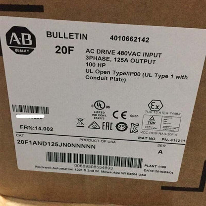 Allen-Bradley PowerFlex 753 AC Drive Label, 20F1AND125JN0NNNNN, 100 HP, 125A Output, 480VAC Input, Panel Mount