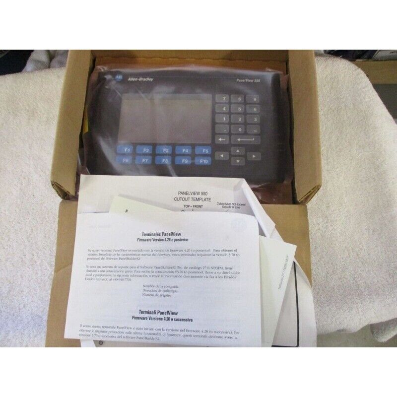 Allen-Bradley PanelView 550 HMI in packaging, front view with keypads and screen, PLC component, new and sealed.