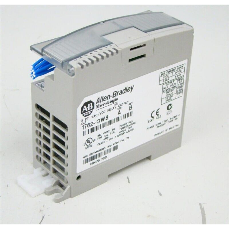 Allen-Bradley 1762-OW8 MicroLogix relay output module. 8-point, AC/DC relay, industrial automation part.