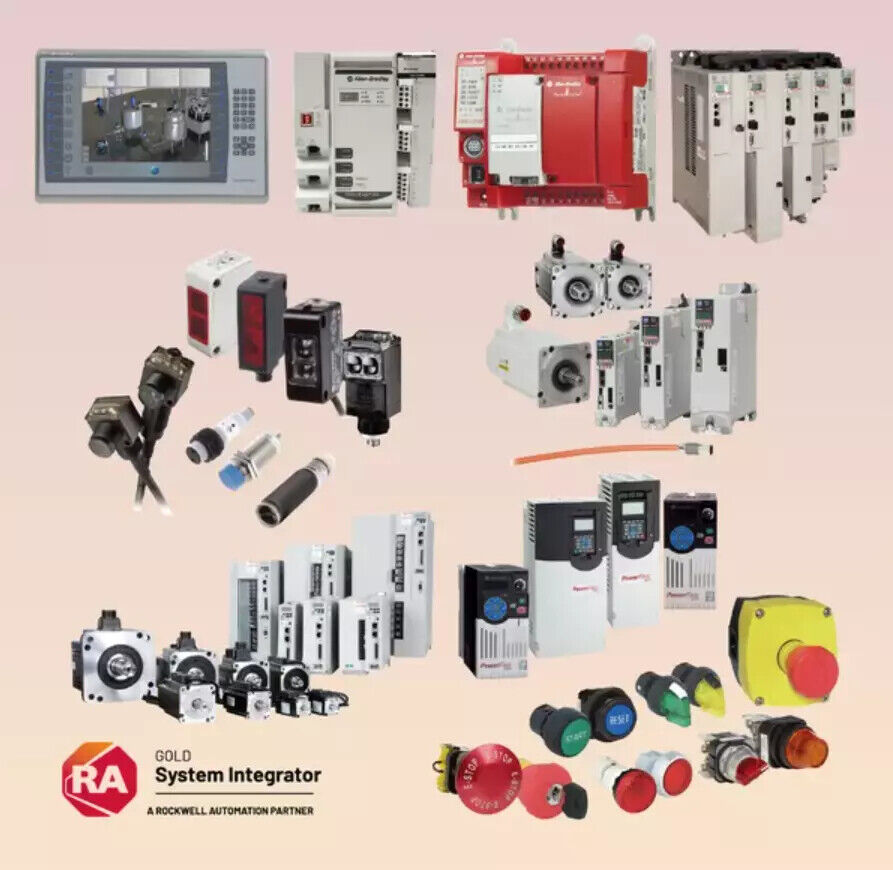 Allen-Bradley industrial automation parts: PLCs, sensors, and control devices. With Gold System Integrator logo.