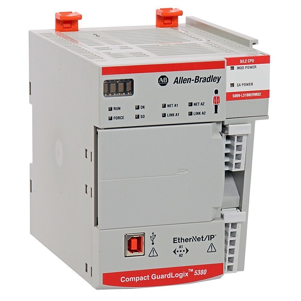 Allen-Bradley Compact GuardLogix 5380 Safety Controller, featuring Ethernet/IP, USB port, and LED status indicators.