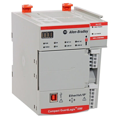 Allen-Bradley Compact GuardLogix 5380 Safety Controller, featuring Ethernet/IP, USB port, and LED status indicators.
