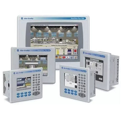 Allen-Bradley PanelView Plus HMI panels, industrial automation control. Displaying factory data.