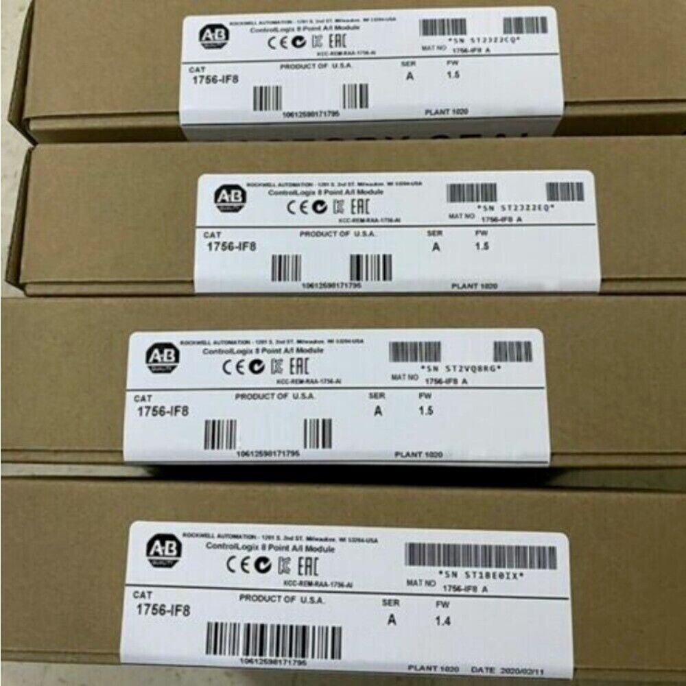 Allen-Bradley 1756-IF8 ControlLogix Analog Input Modules, boxes stacked, product of USA, industrial automation parts.