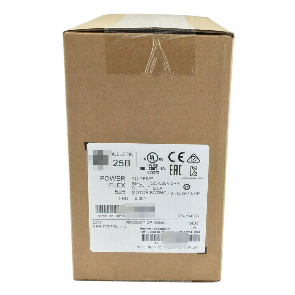 Allen-Bradley PowerFlex 525 AC Drive, 0.75kW, 1HP, packaged in a brown cardboard box. Features EtherNet/IP connectivity.