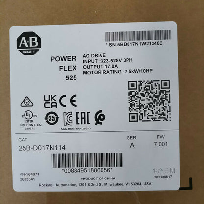 Allen-Bradley PowerFlex 525 AC Drive label, 25B-D017N114 model, 7.5kW/10HP with specifications.