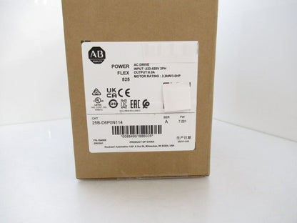 Allen-Bradley PowerFlex 525 AC Drive box, 25B-D6P0N114 model, 2.2kW, with product label.