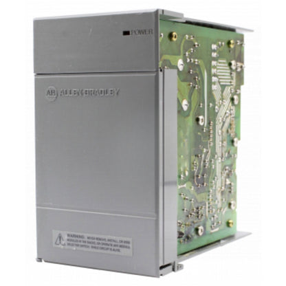 Allen-Bradley 1746-P2 power supply. Grey metal housing, 'POWER' indicator, and circuit board visible.