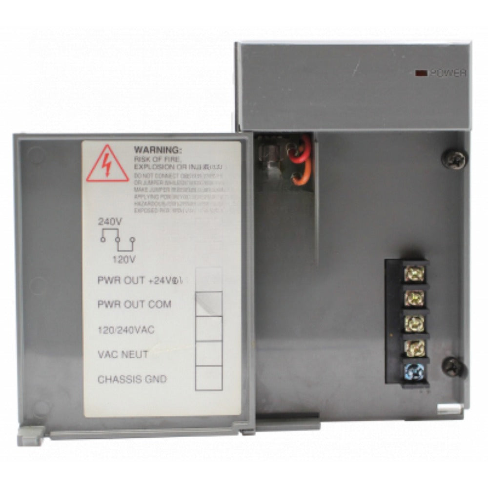 Allen-Bradley 1746-P2 power supply module. Gray metal housing, warning label, and power indicator.