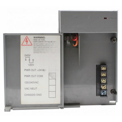 Allen-Bradley 1746-P2 power supply module. Gray metal housing, warning label, and power indicator.