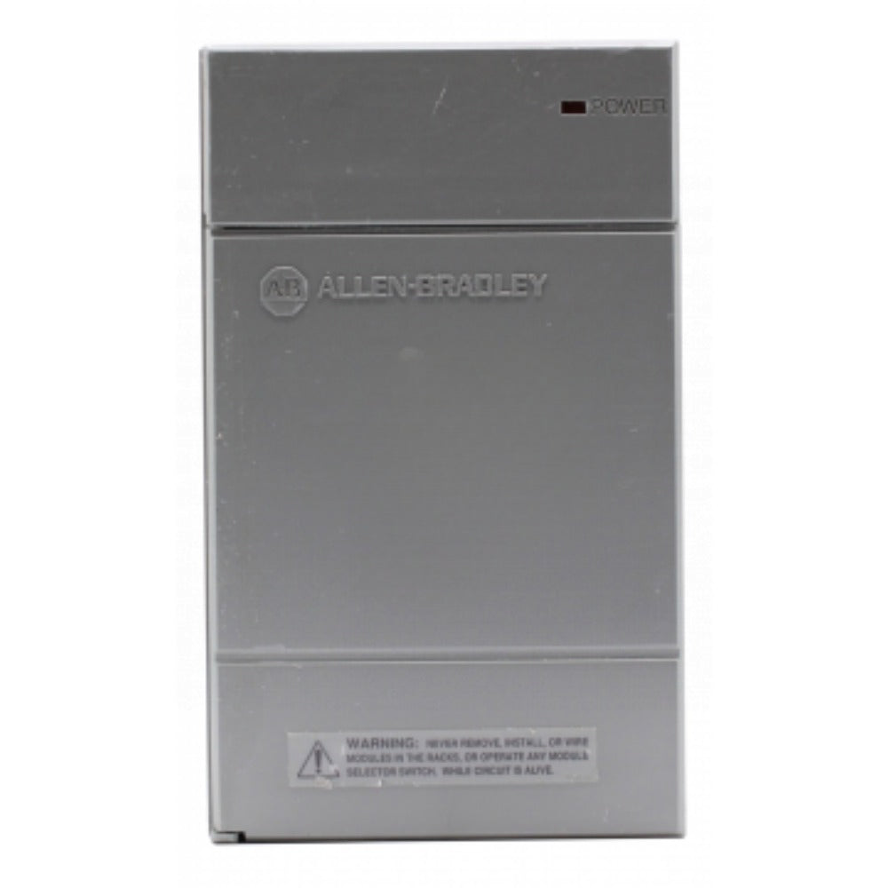 Allen-Bradley 1746-P2 Power Supply. Gray metal housing, 'POWER' indicator, and warnings label for SLC 500 PLC.