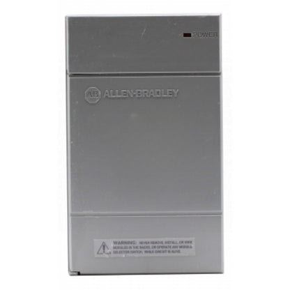 Allen-Bradley 1746-P2 Power Supply. Gray metal housing, 'POWER' indicator, and warnings label for SLC 500 PLC.