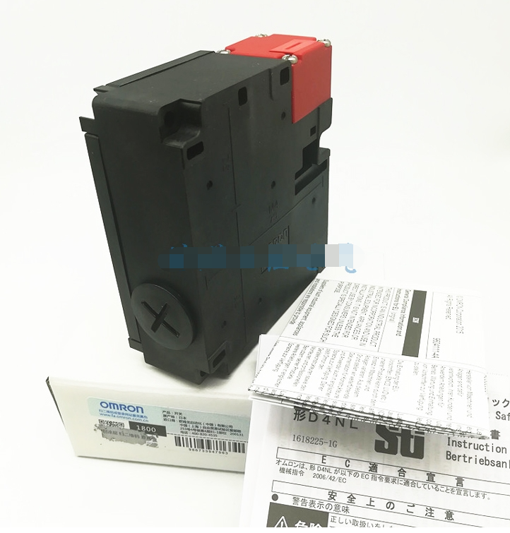 Omron D4NL-2DFG-B Safety Door Switch in box, black/red. Industrial automation part with product details.