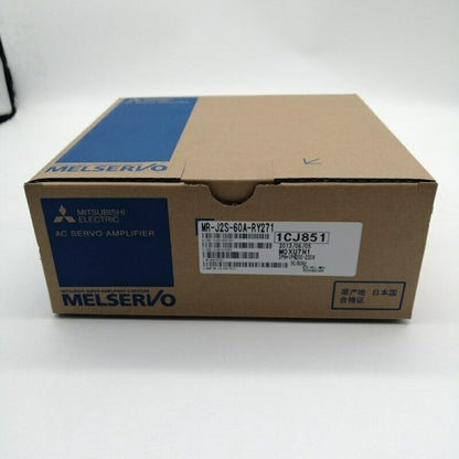 Mitsubishi MR-J2S-60A-RY271 Servo Amplifier in box. Features product info and labels for industrial automation.