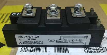 Mitsubishi CM75DY-12H Power Module, black plastic housing with metal terminals and screws, industrial automation part.