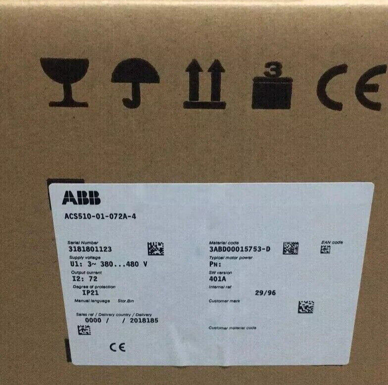 ABB ACS510-01-072A-4 Frequency Converter, product label showing serial number and specifications, brown cardboard background