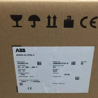 ABB ACS510-01-072A-4 Frequency Converter, product label showing serial number and specifications, brown cardboard background
