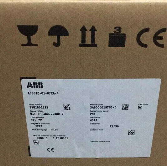 ABB ACS510-01-072A-4 Frequency Converter, product label showing serial number and specifications, brown cardboard background