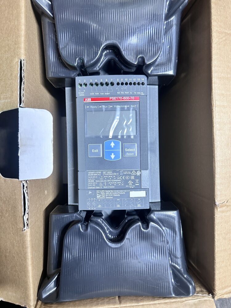 ABB PSE170-600-70 soft starter in packaging. Featuring buttons like Exit, Select, Reset and indicator lights.