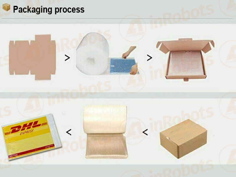 Packaging process for PLC module order, includes DHL Express, cardboard boxes, and protective materials.
