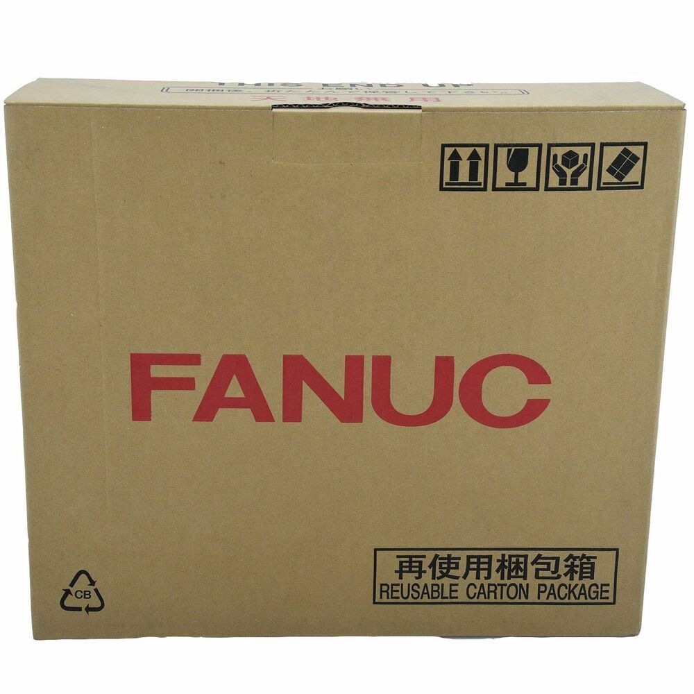 FANUC product box, cardboard package with "FANUC" logo, reusable carton package, and handling instructions.
