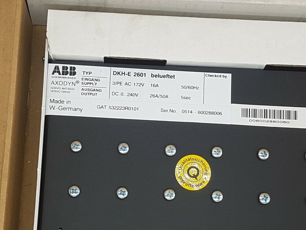ABB AXODYN DKH-E 2601 Servo Drive label, 16A, Made in W-Germany, PLC module component.