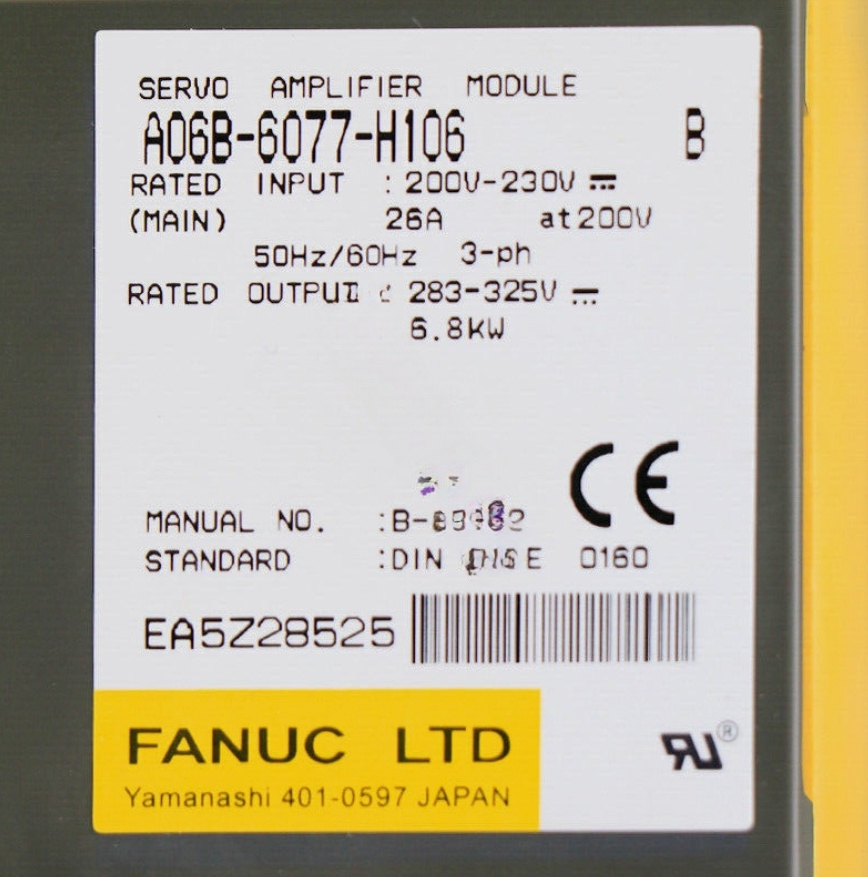 FANUC A06B-6077-H106 Servo Amplifier Module, Industrial automation part, CE certified, 6.8kW output.