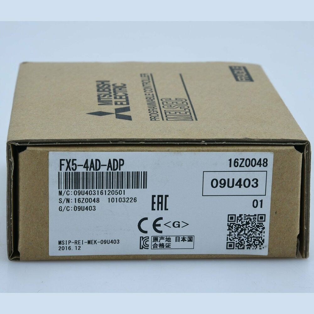 Mitsubishi FX5-4AD-ADP PLC Module box. Model number and serials visible: 16Z0048, 09U403. Mitsubishi Electric product.