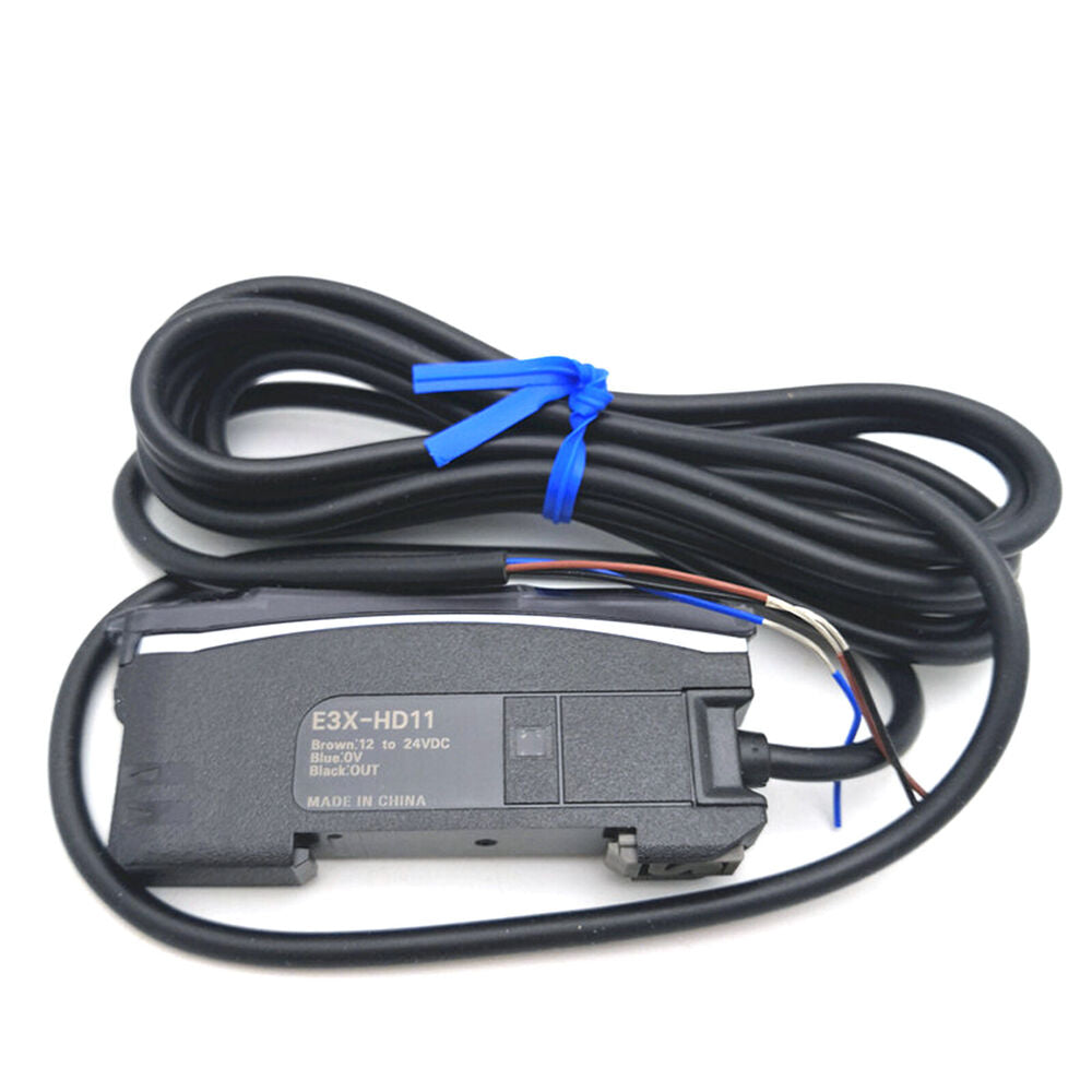 Omron E3X-HD11 photoelectric sensor with black cable, industrial automation part, 12-24V DC.