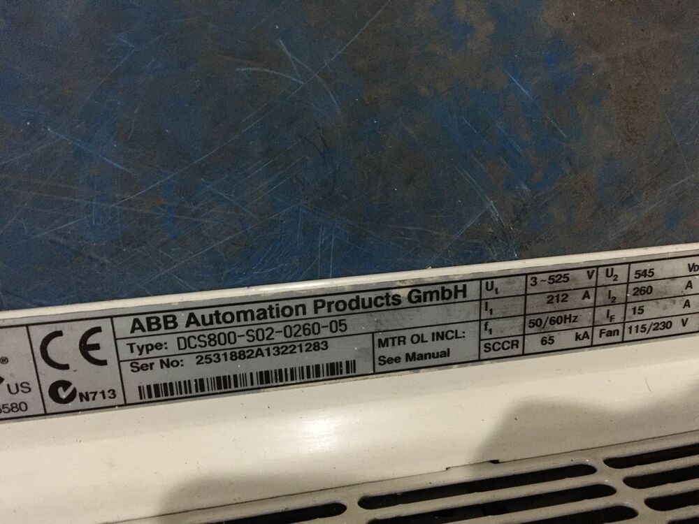 ABB DCS800-S02-0260-05 PLC label detail.  White housing, technical specifications visible. Industrial automation parts.