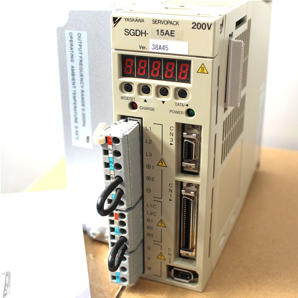 Yaskawa SGDH-15AE Servo Drive, industrial automation part, front view with digital display, multiple ports.