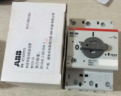 ABB MS325-25 Manual Motor Starter, grey dial and white box, industrial automation component.