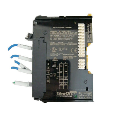 Omron NX-ECC201 EtherCAT Communication Coupler. Industrial automation component with detailed specifications and wiring.