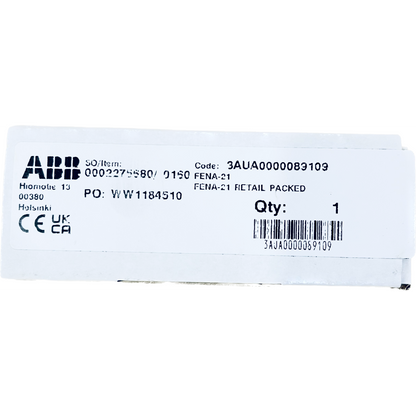 ABB FENA-21 Ethernet Adapter Module label with product details and quantity, industrial automation equipment.