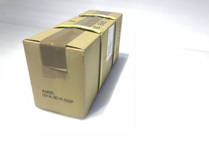 FANUC servo motor product packaging box, brown cardboard with text AM05 001A.001P.002P, secured with tape and straps.
