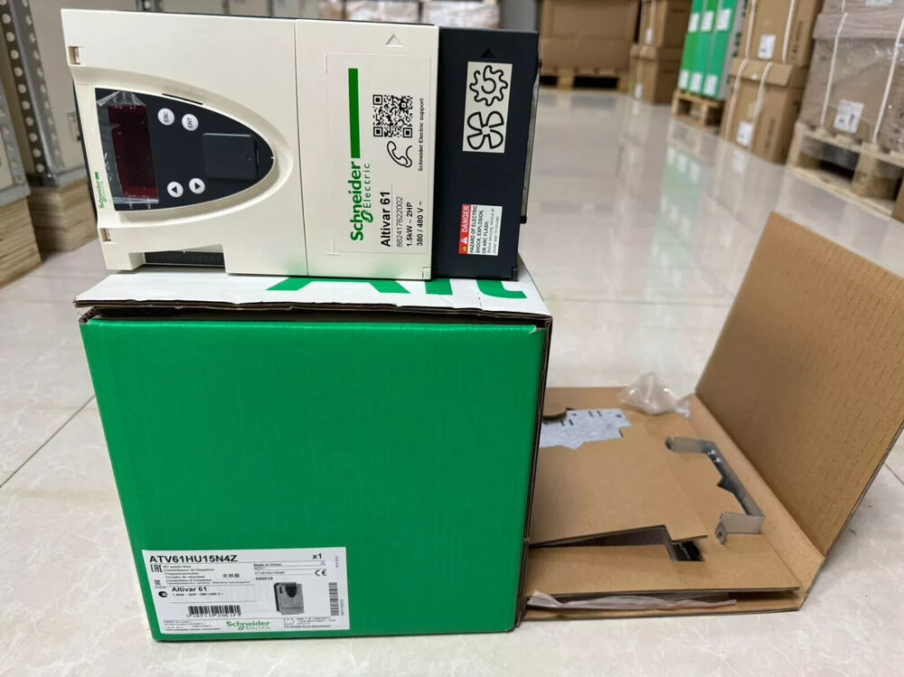 Schneider Altivar 61 ATV61HU15N4Z VFD unit, new, in its packaging, industrial automation.